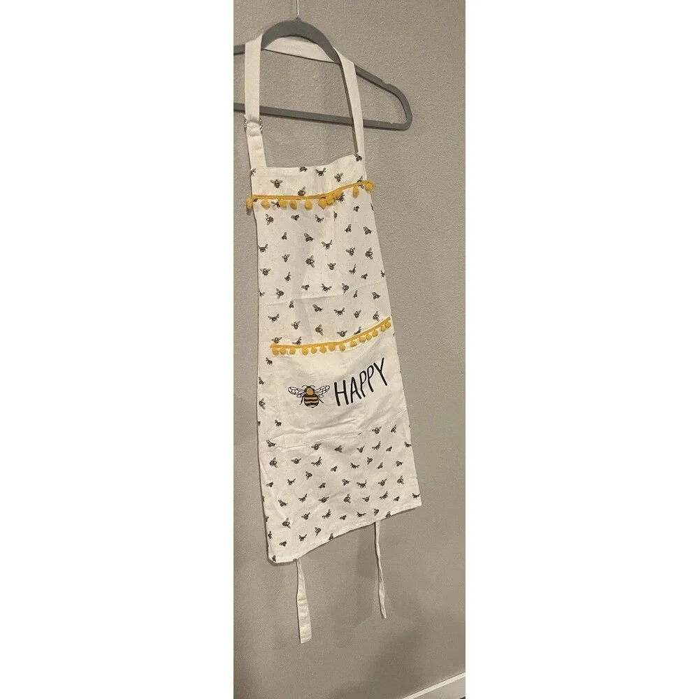 Full Kitchen Apron w/ Bumble Bee Theme Front Pocket And Pom-Pom Rick-Rack Trim